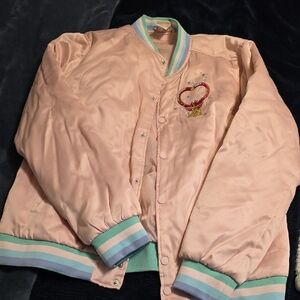 Pink Satin Sailr Moon Bomber Jacket with Heart Embroidery